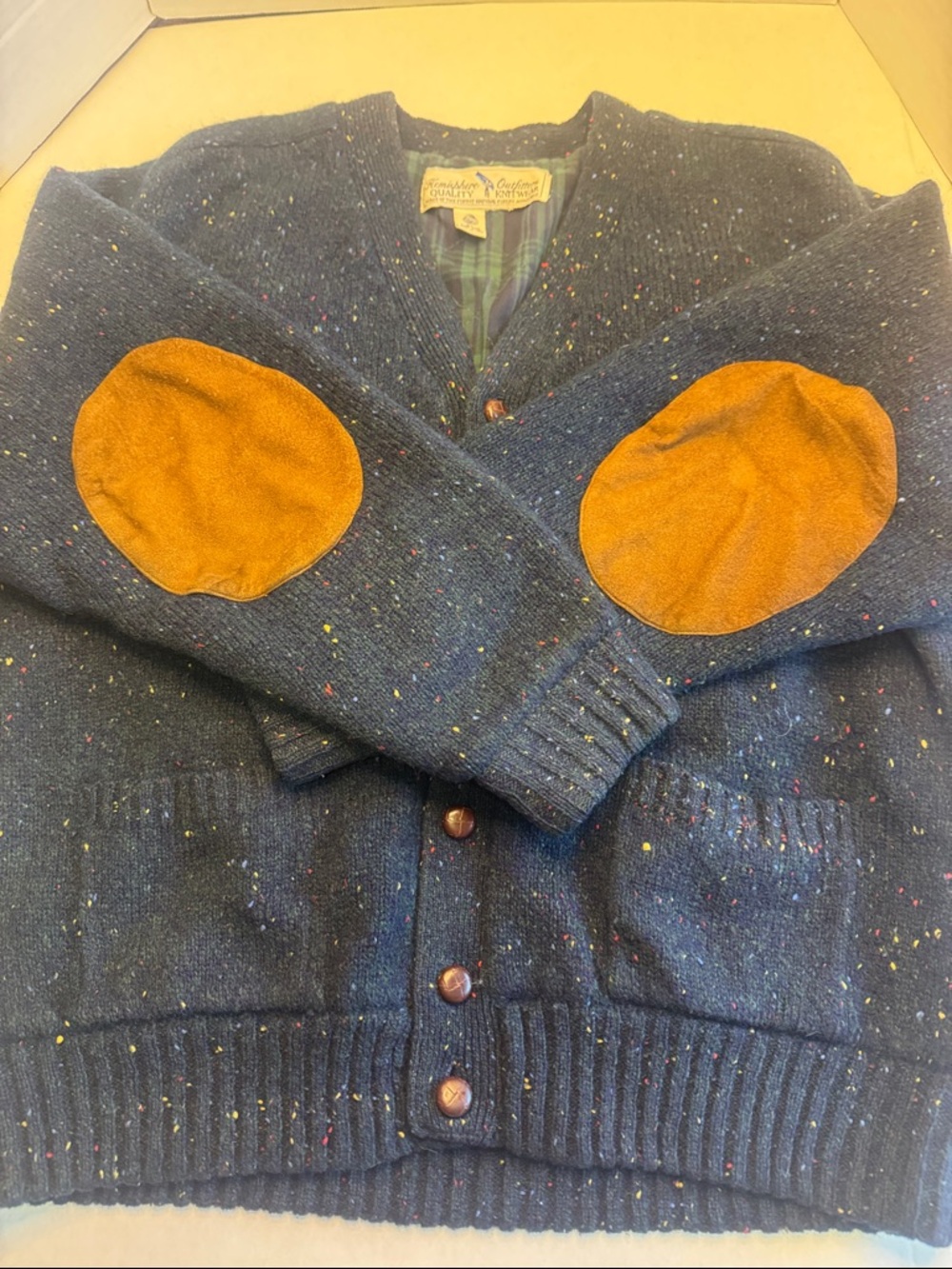 Hemisphere Outfitters Men's Navy Speckled Cardigan with Tan Elbow Patches